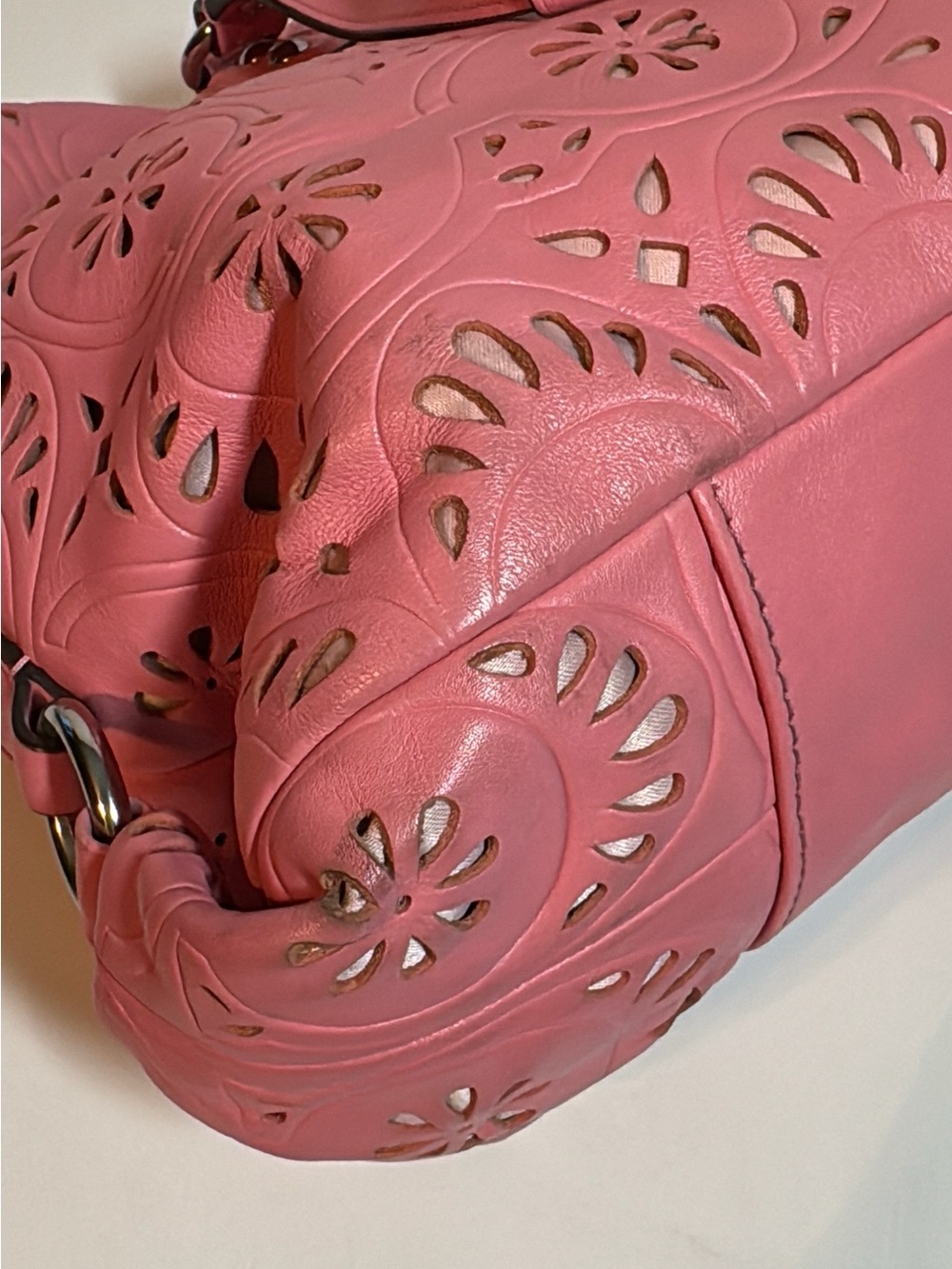 Coach Pink Leather Laser-Cut Floral Eyelet Carryall Shoulder Bag - Picture 7 of 10